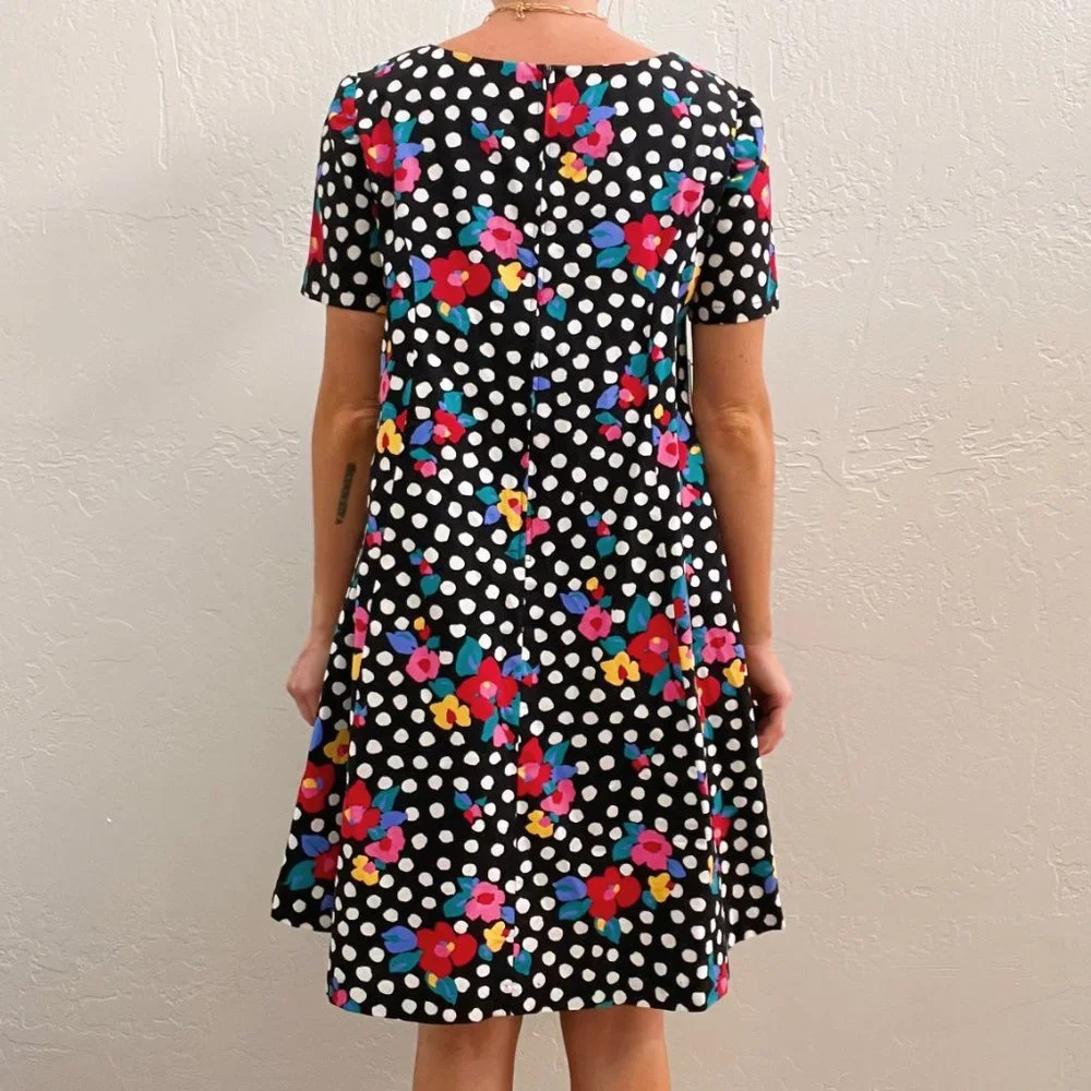 Vintage Black Funky Floral Dot Printed Short Sleeve Mini Dress - Picture 6 of 7